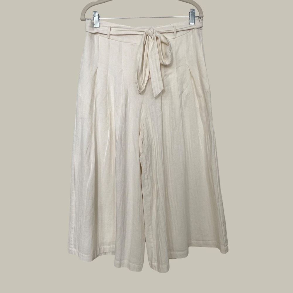J.O.A. Just One Answer Pleated Tie Waist Culottes Cream Wide Leg Pants Large
